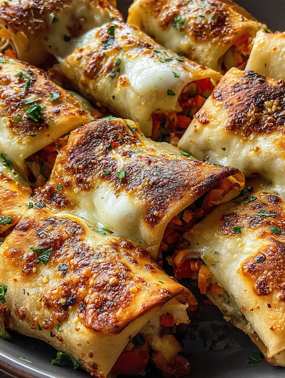 A plate of cheesy baked vegetable rolls.