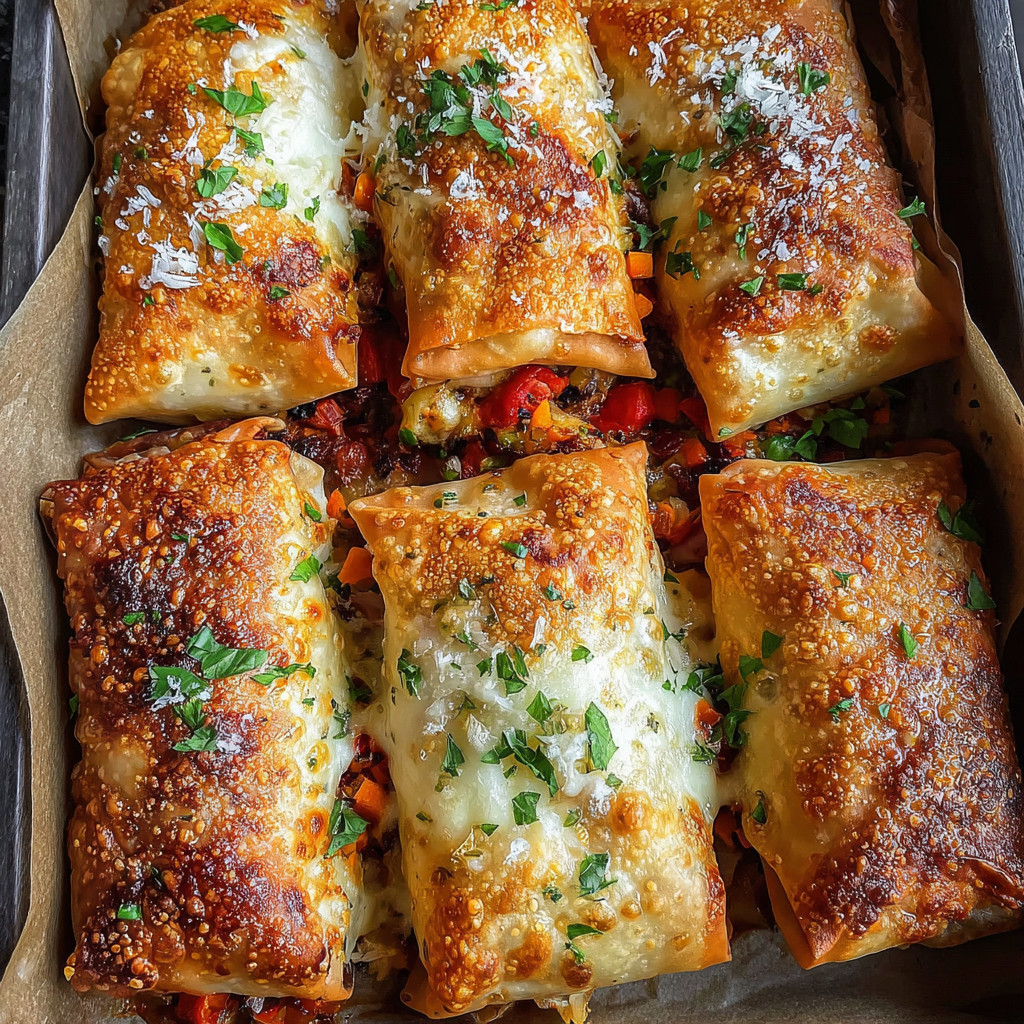 A tray of cheesy baked vegetable rolls.