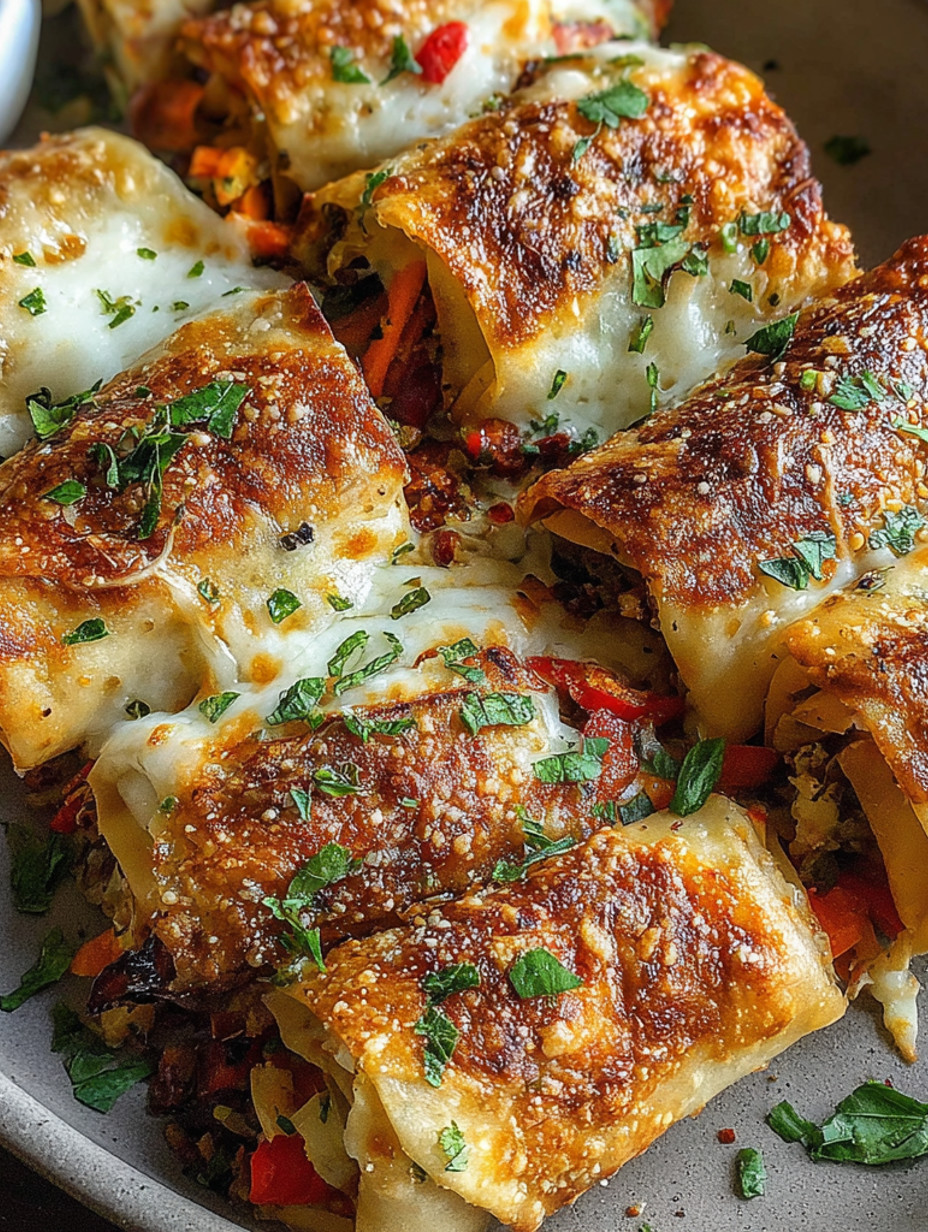 A plate of cheesy baked vegetable rolls.