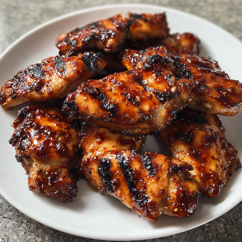 A plate of BBQ chicken thighs with sauce.