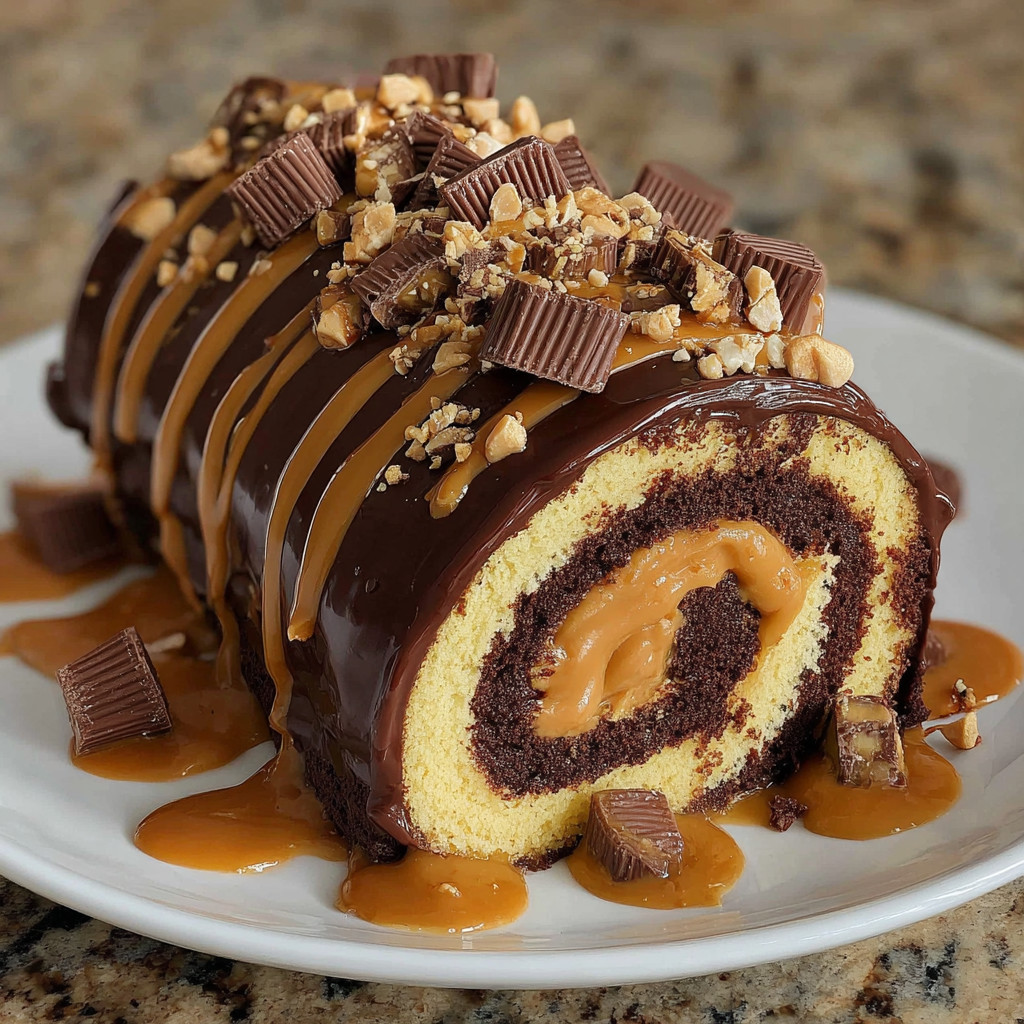 A chocolate roll cake with peanut butter and nuts on top.