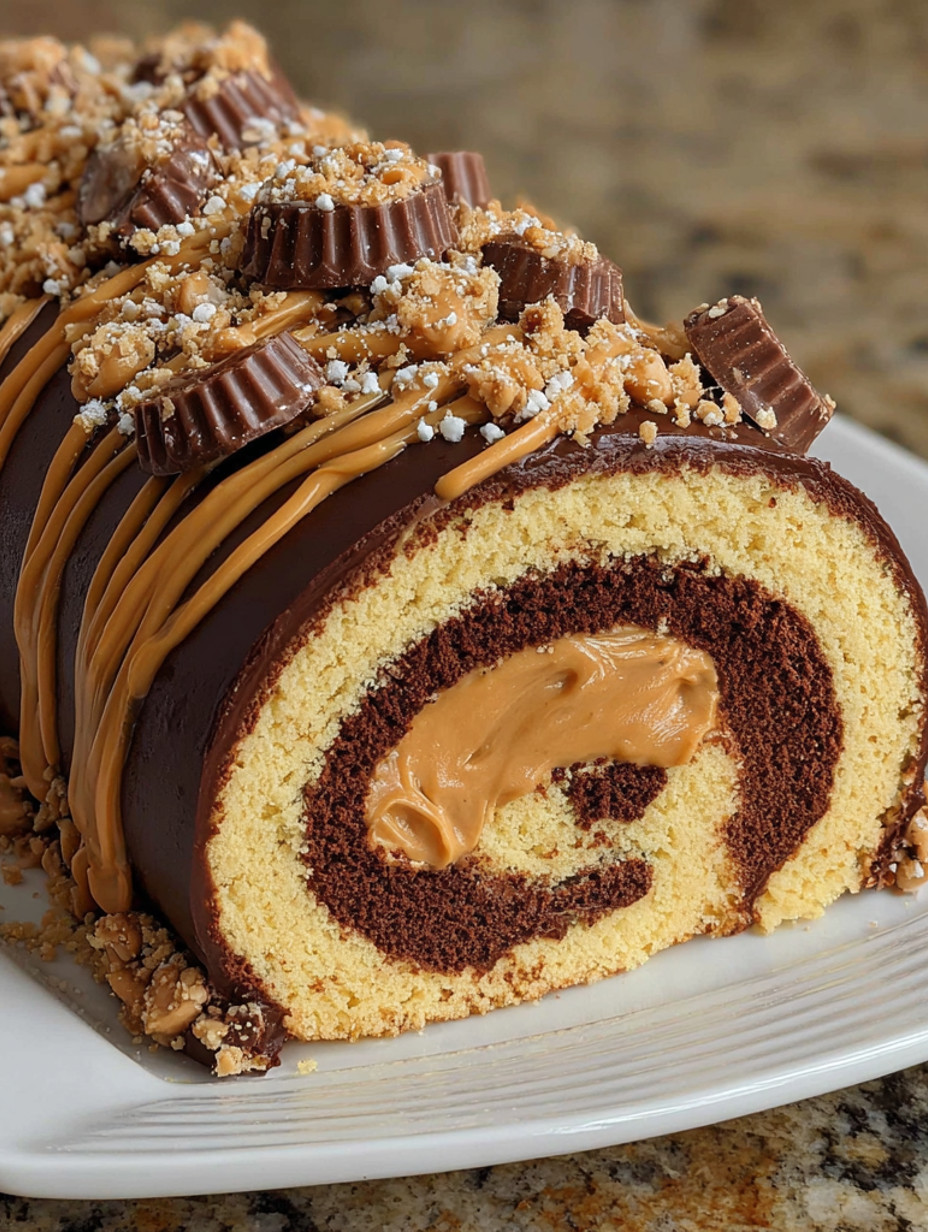 A chocolate roll cake with peanut butter and candy on top.