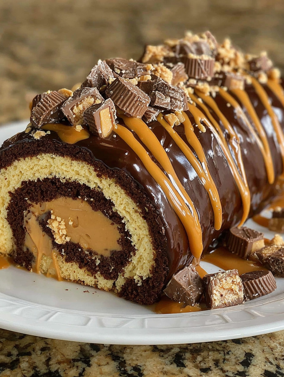 A chocolate roll cake with peanut butter and chocolate chips.