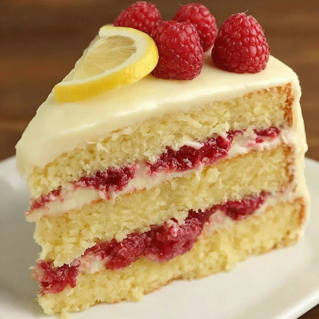A slice of raspberry lemon cake on a plate.