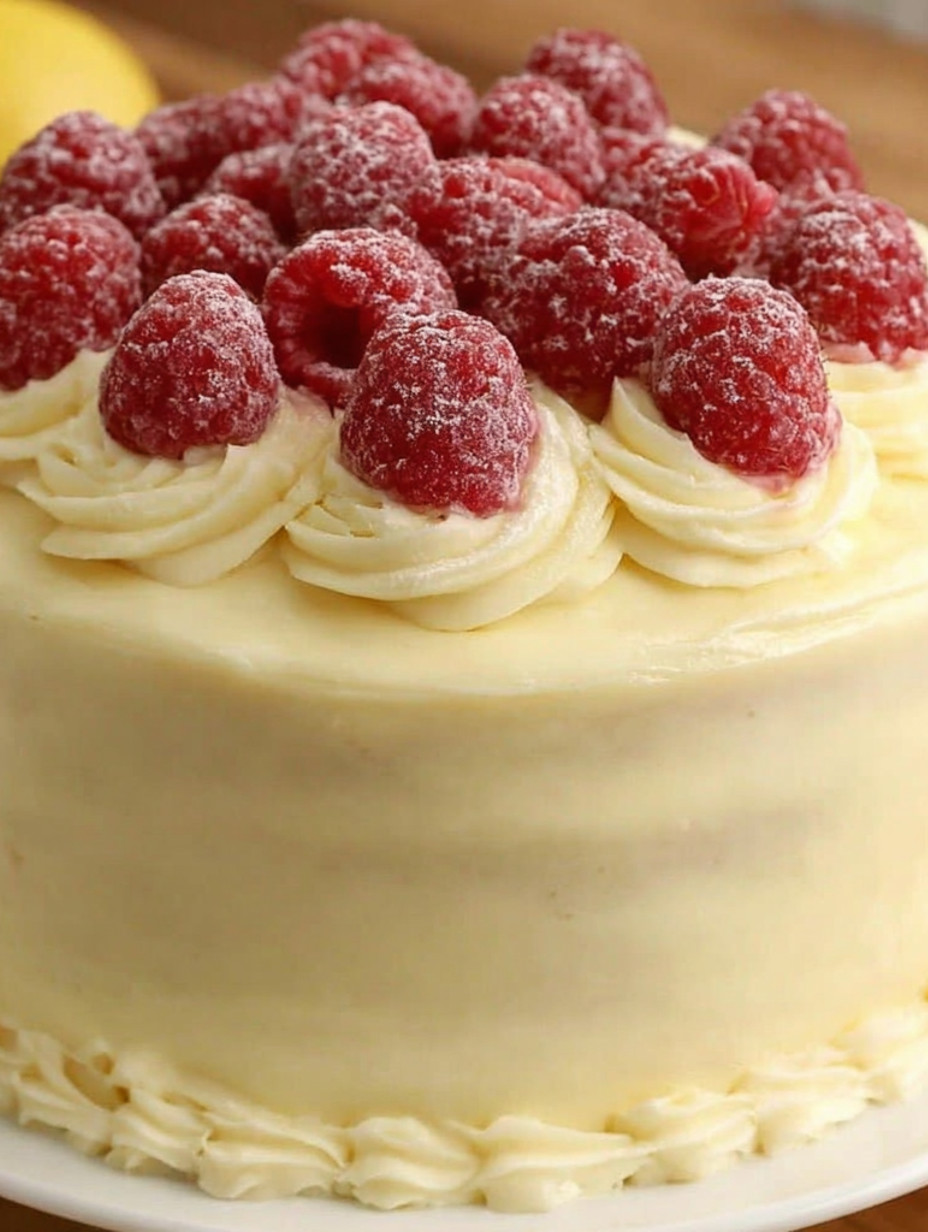 A close up of a raspberry lemon cake.