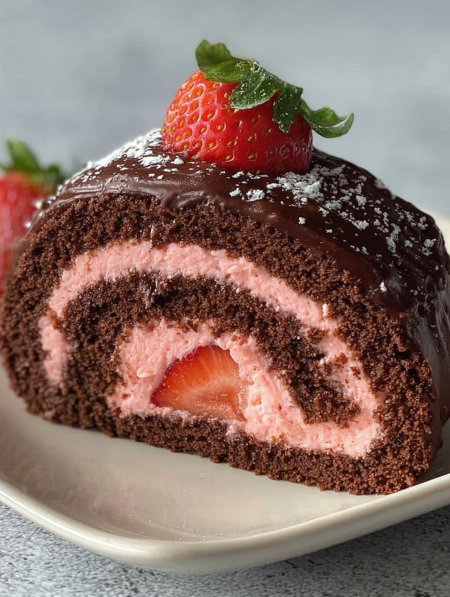 A chocolate swiss roll with strawberries on top.
