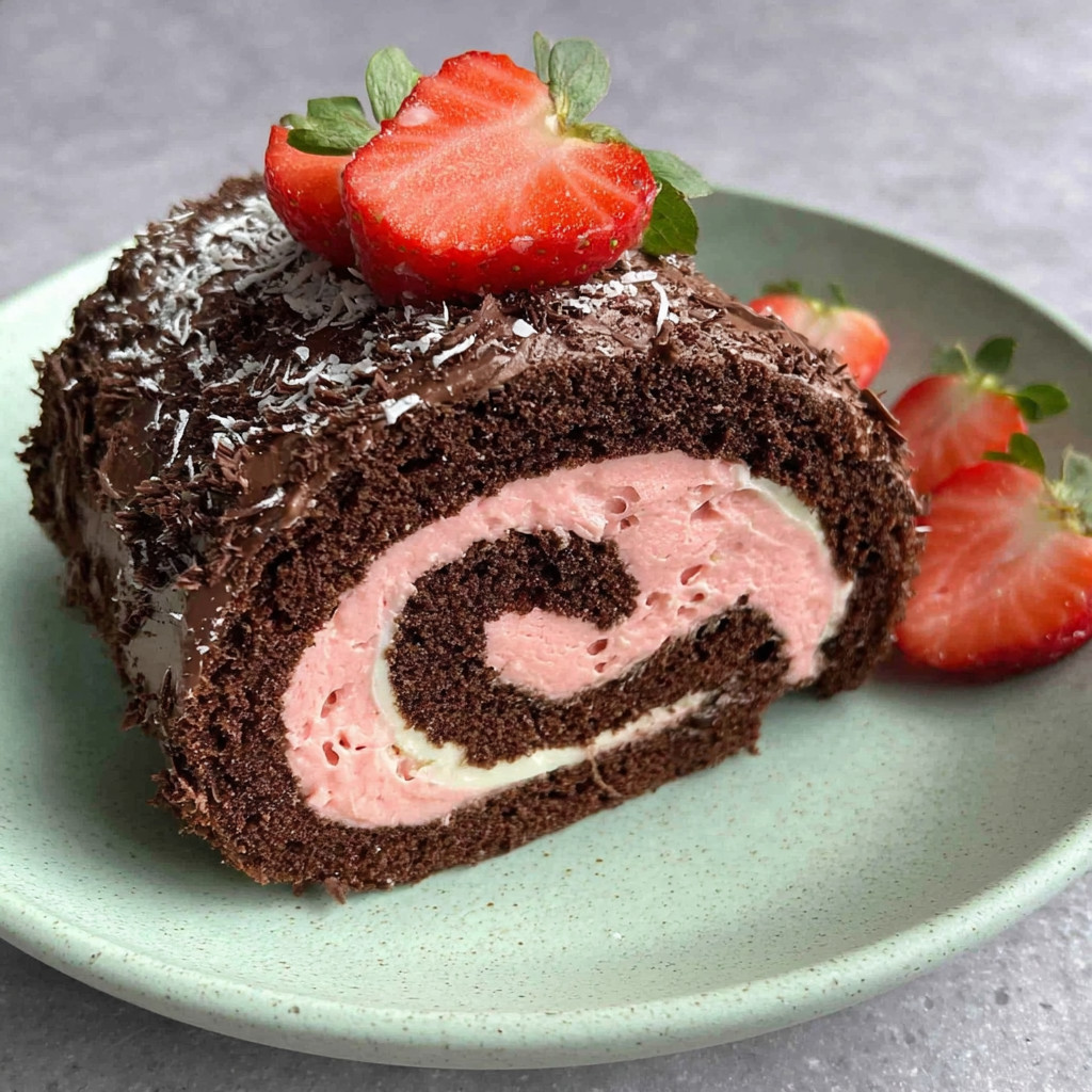 A chocolate swiss roll with strawberries on top.
