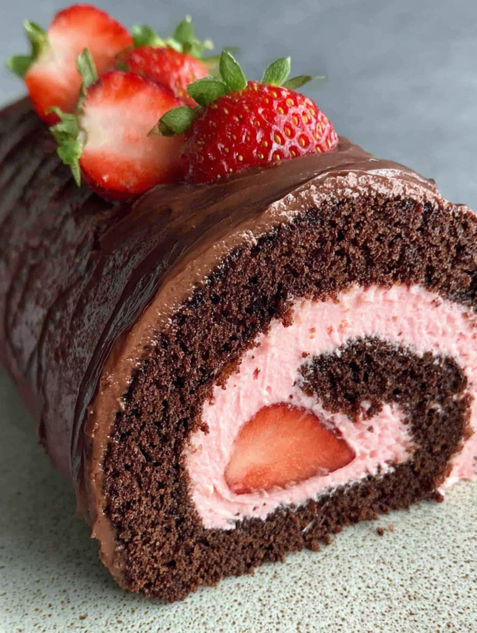 A chocolate swiss roll with strawberries on top.