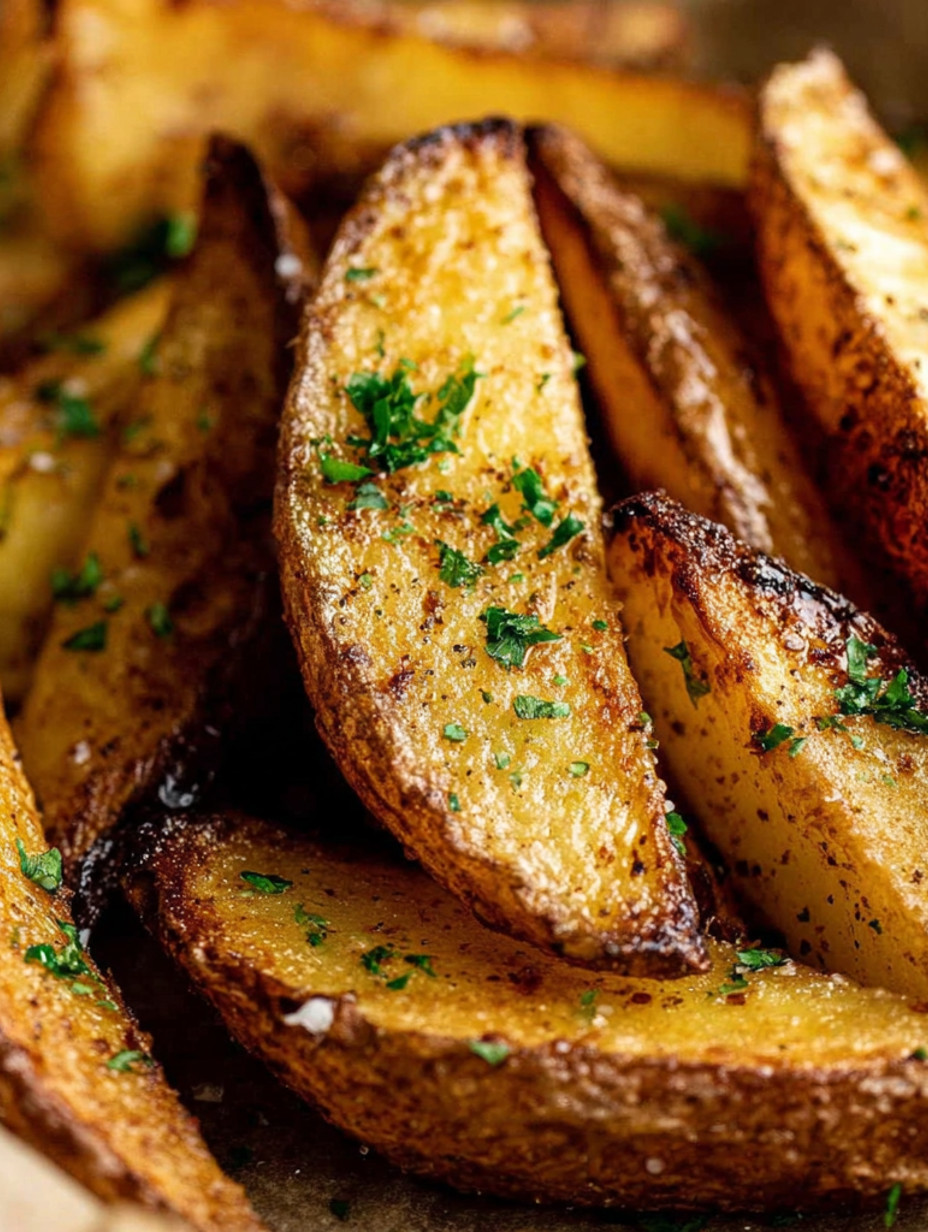 A close up of baked potato wedges.