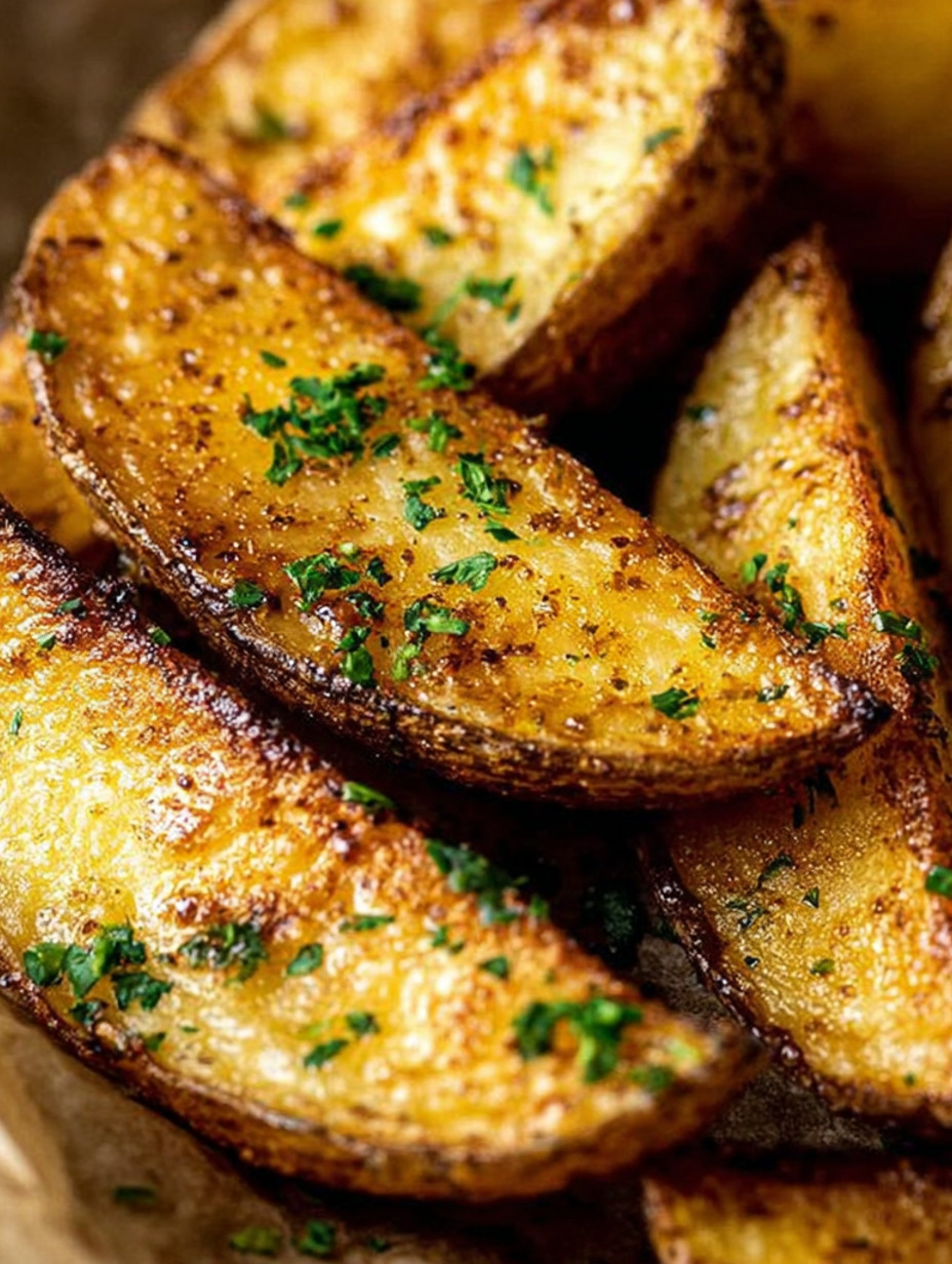 A plate of baked potato wedges with green herbs on top.