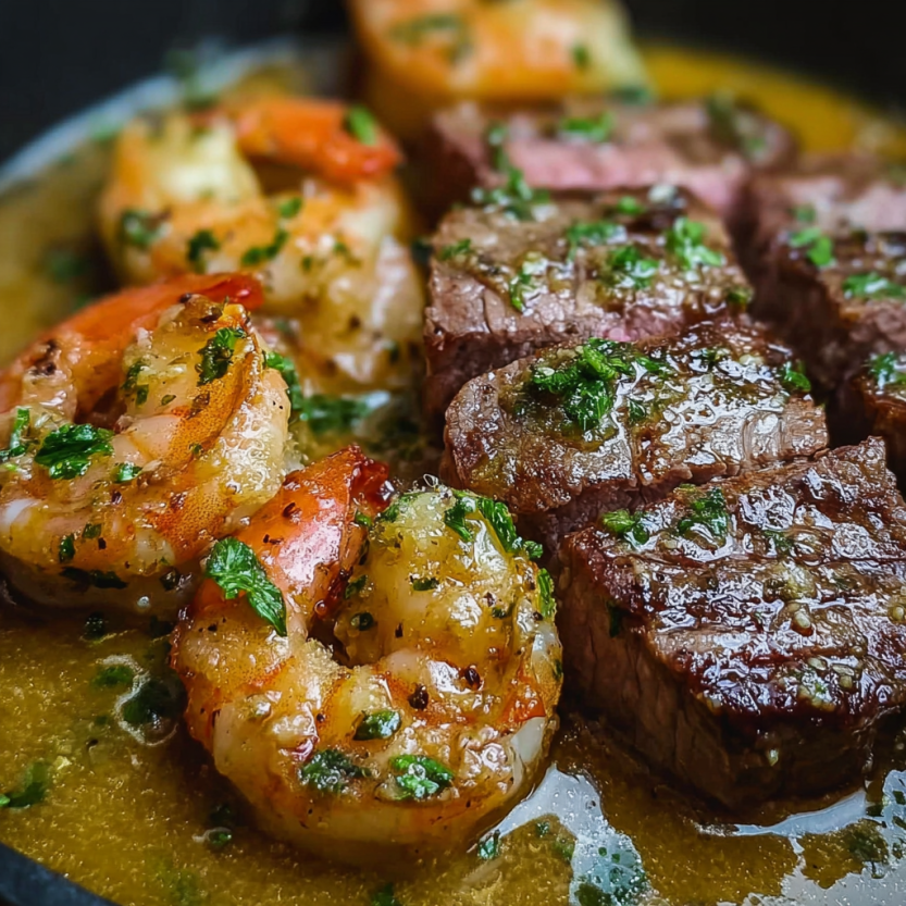 A plate of steak and shrimp scampi.