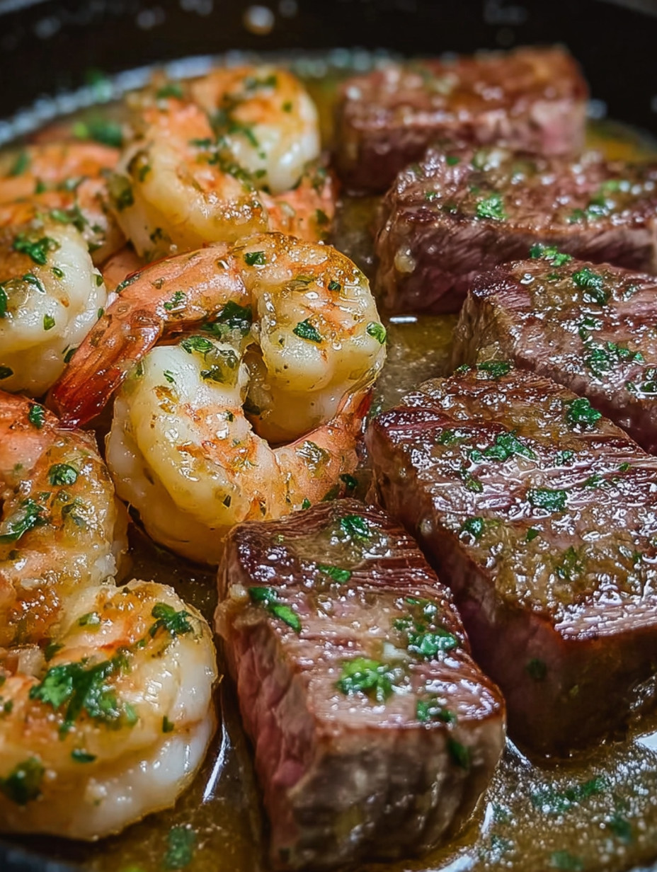 A close up of a plate of food with shrimp and steak.