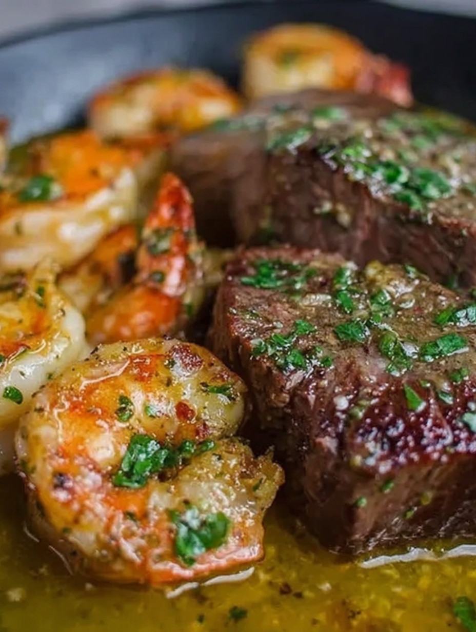 A close up of a steak and shrimp scampi.