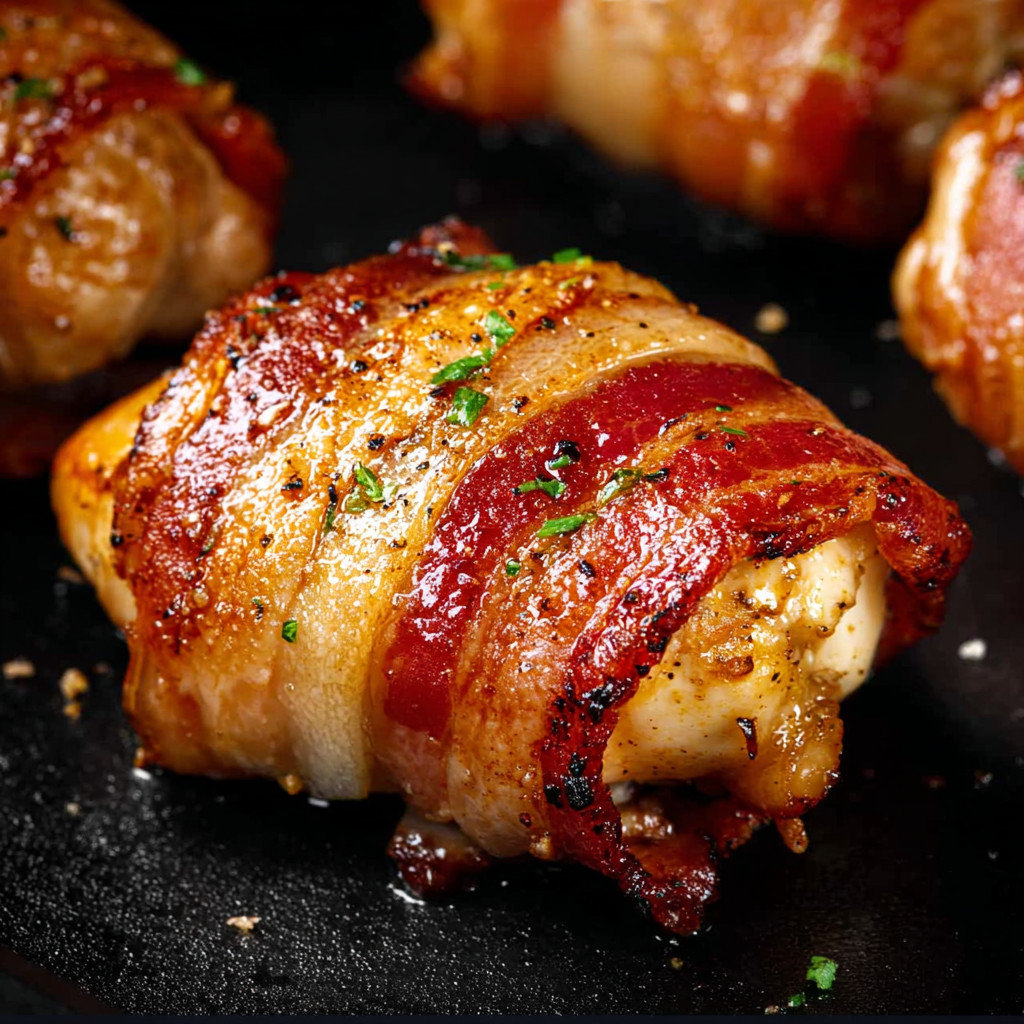 Bacon wrapped chicken on a black surface.