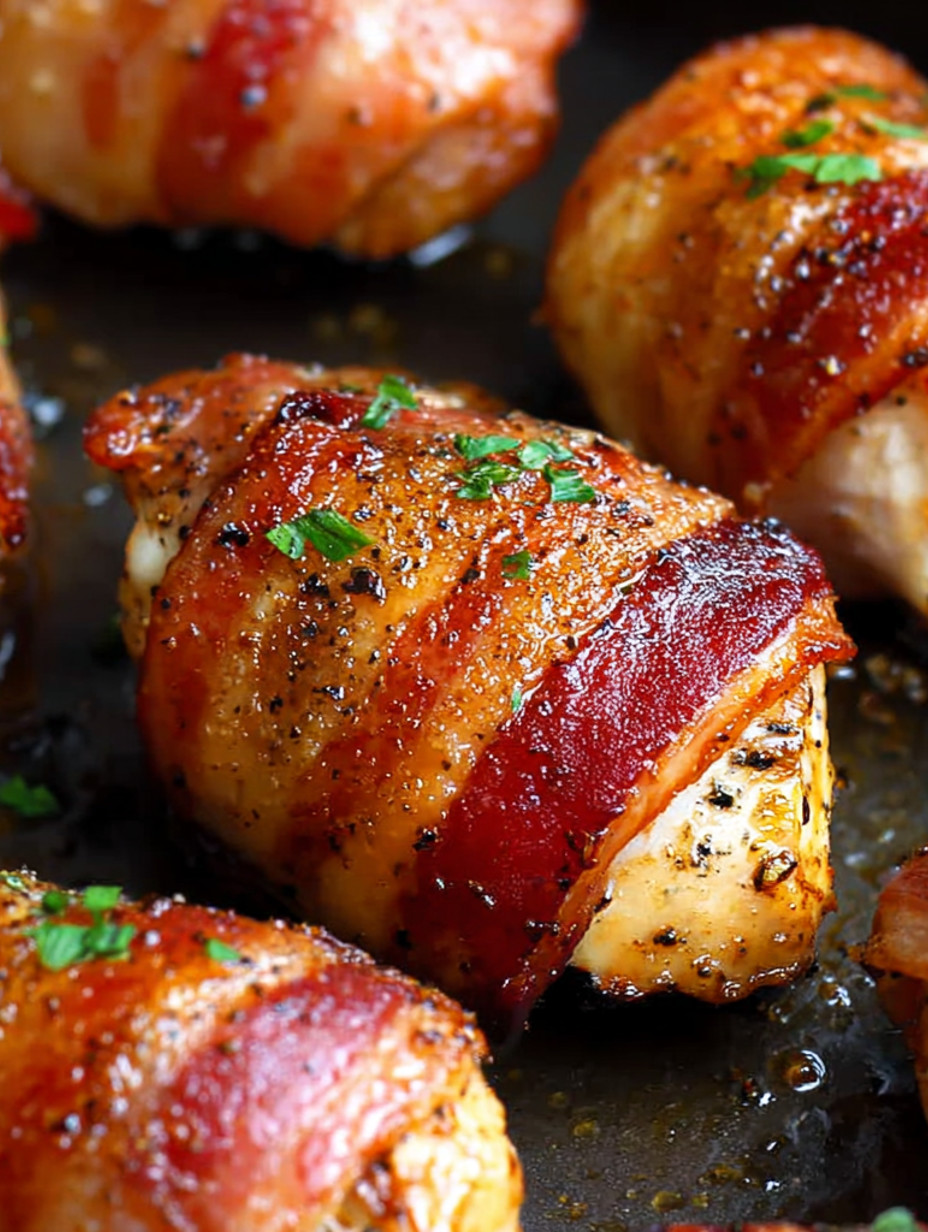 Bacon wrapped chicken on a grill.
