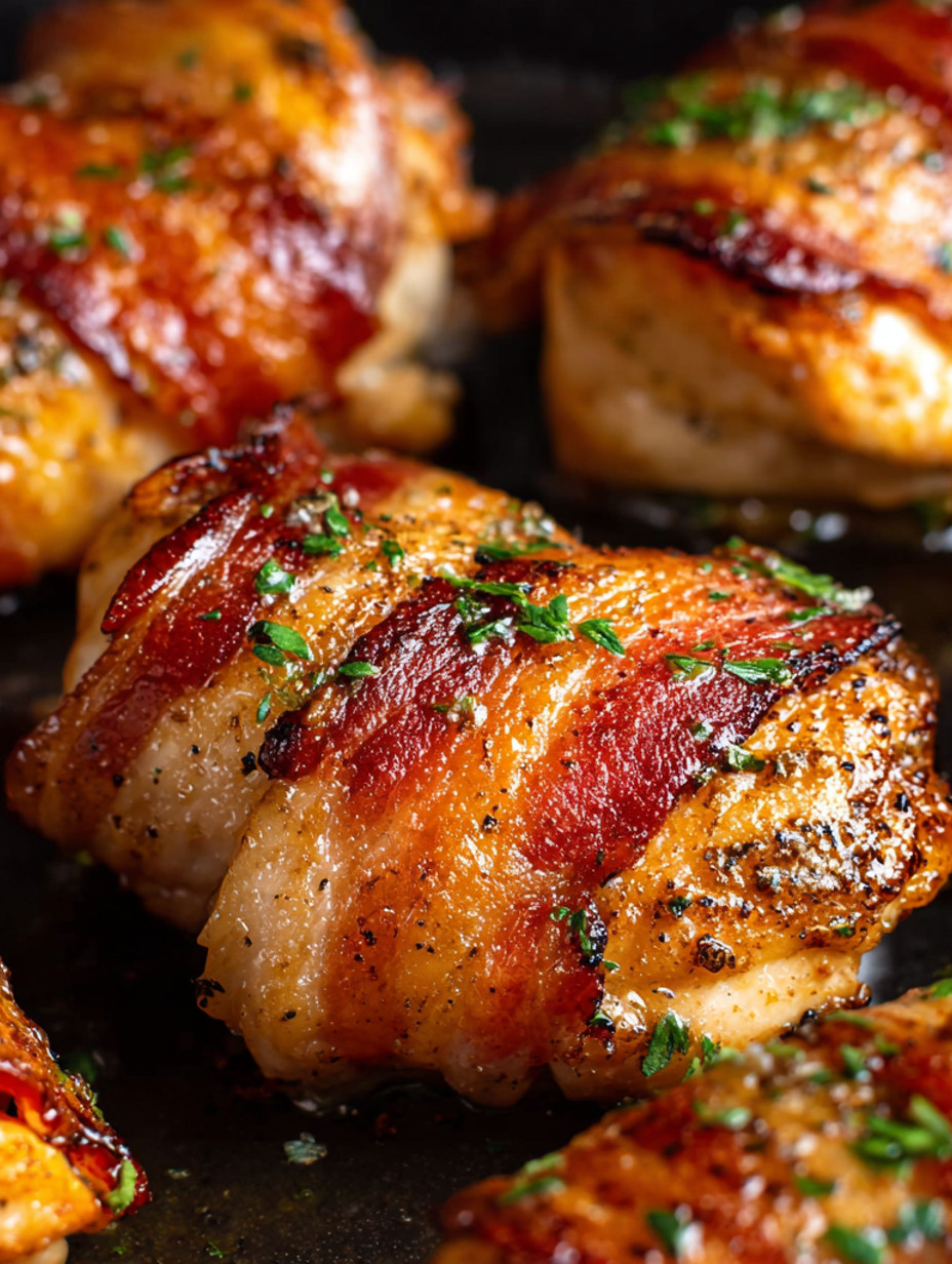 Bacon wrapped chicken on a black surface.