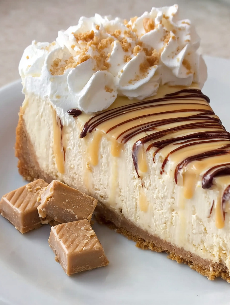 A slice of white chocolate peanut butter cheesecake.
