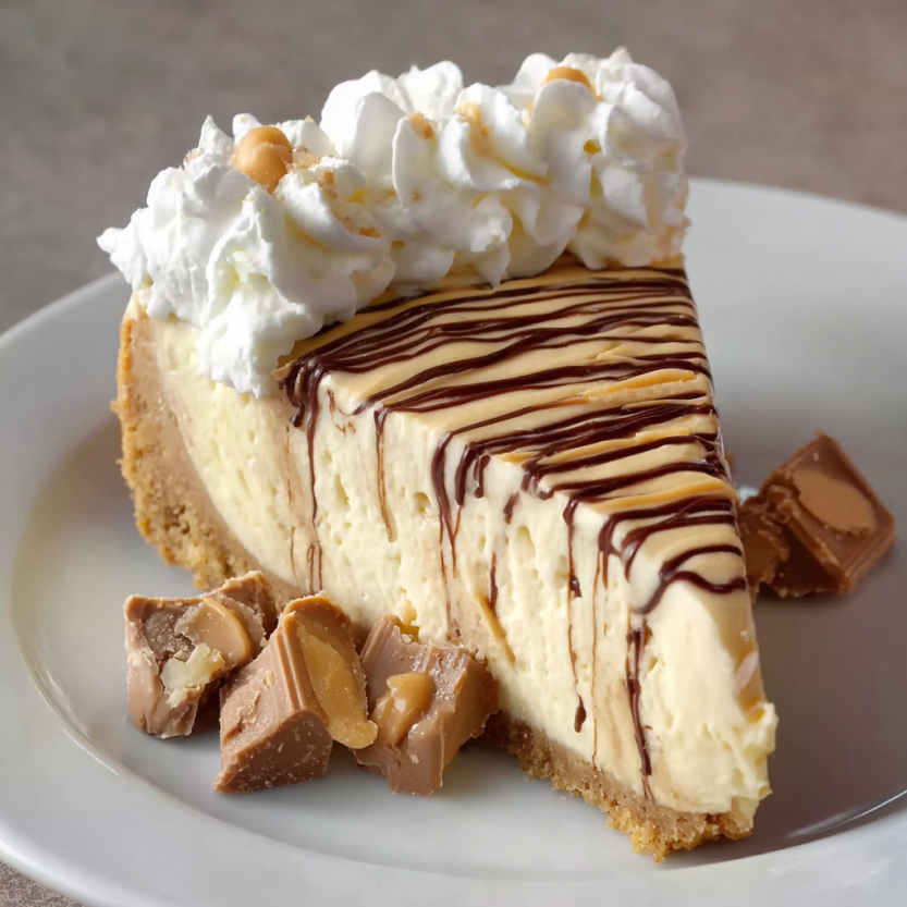 A slice of white chocolate peanut butter cheesecake.