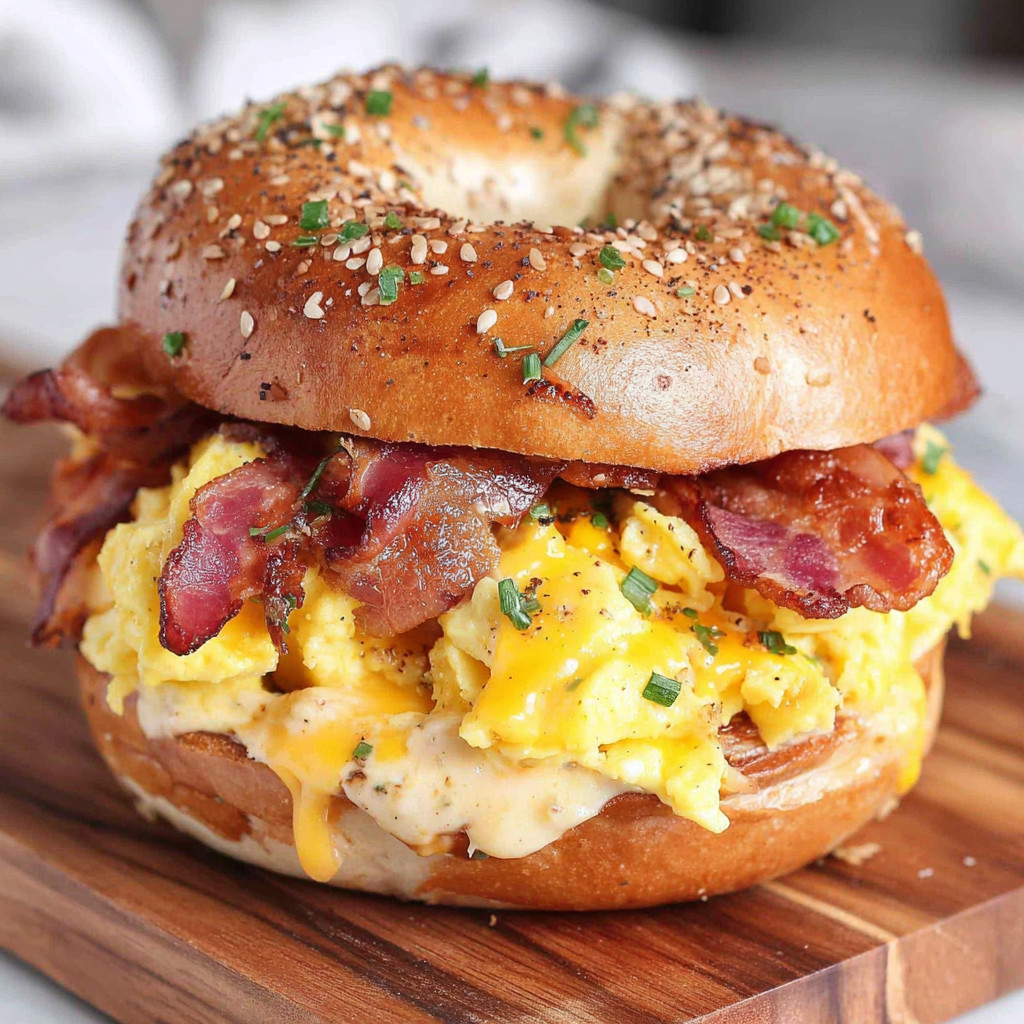A breakfast bagel sandwich with bacon and cheese.