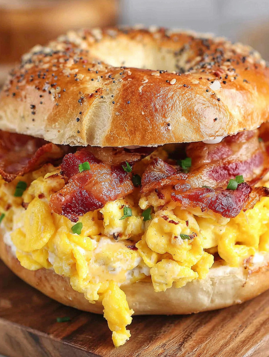 A breakfast bagel sandwich with bacon, eggs, and cheese.