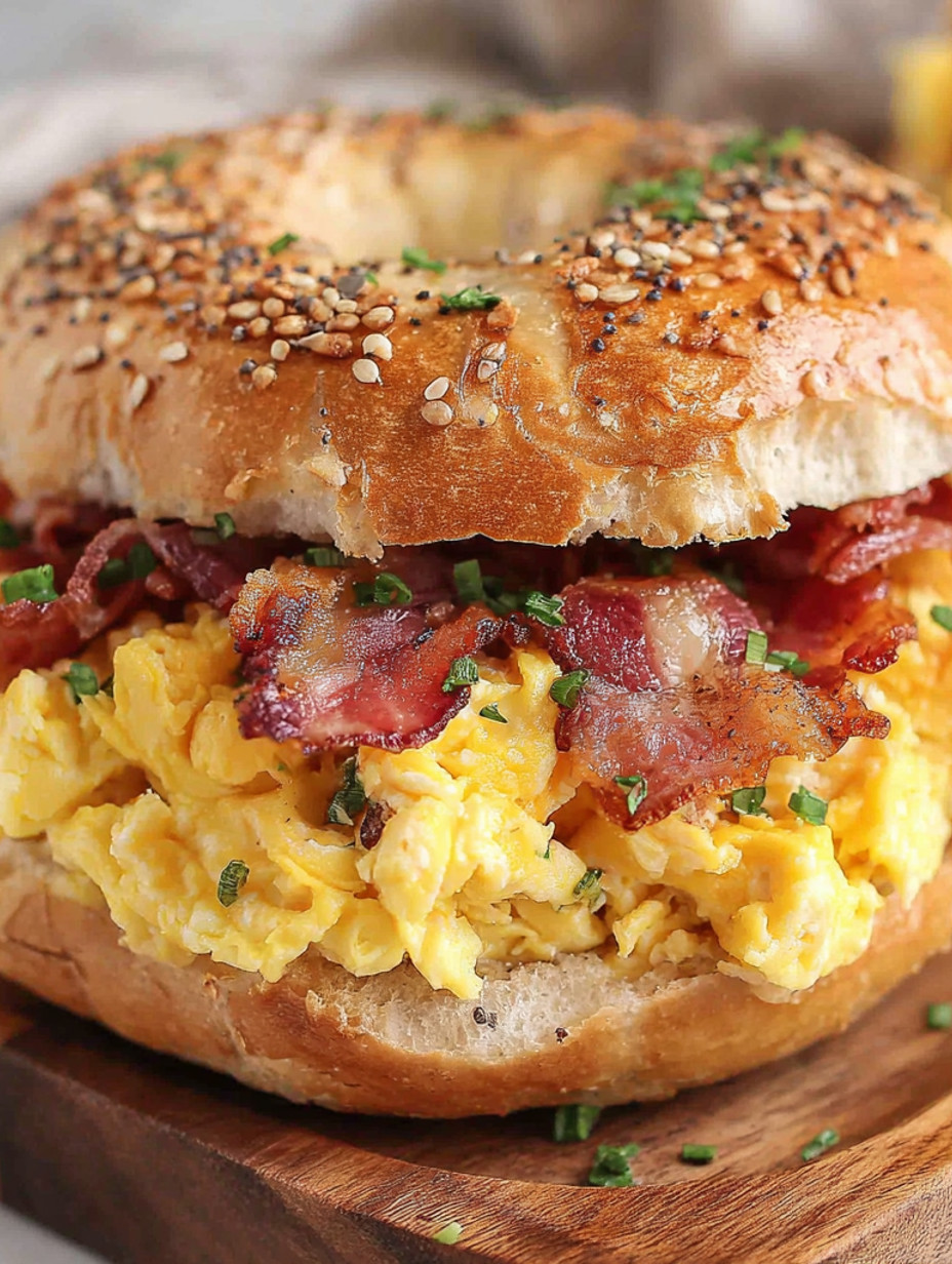A breakfast bagel sandwich with bacon and egg.