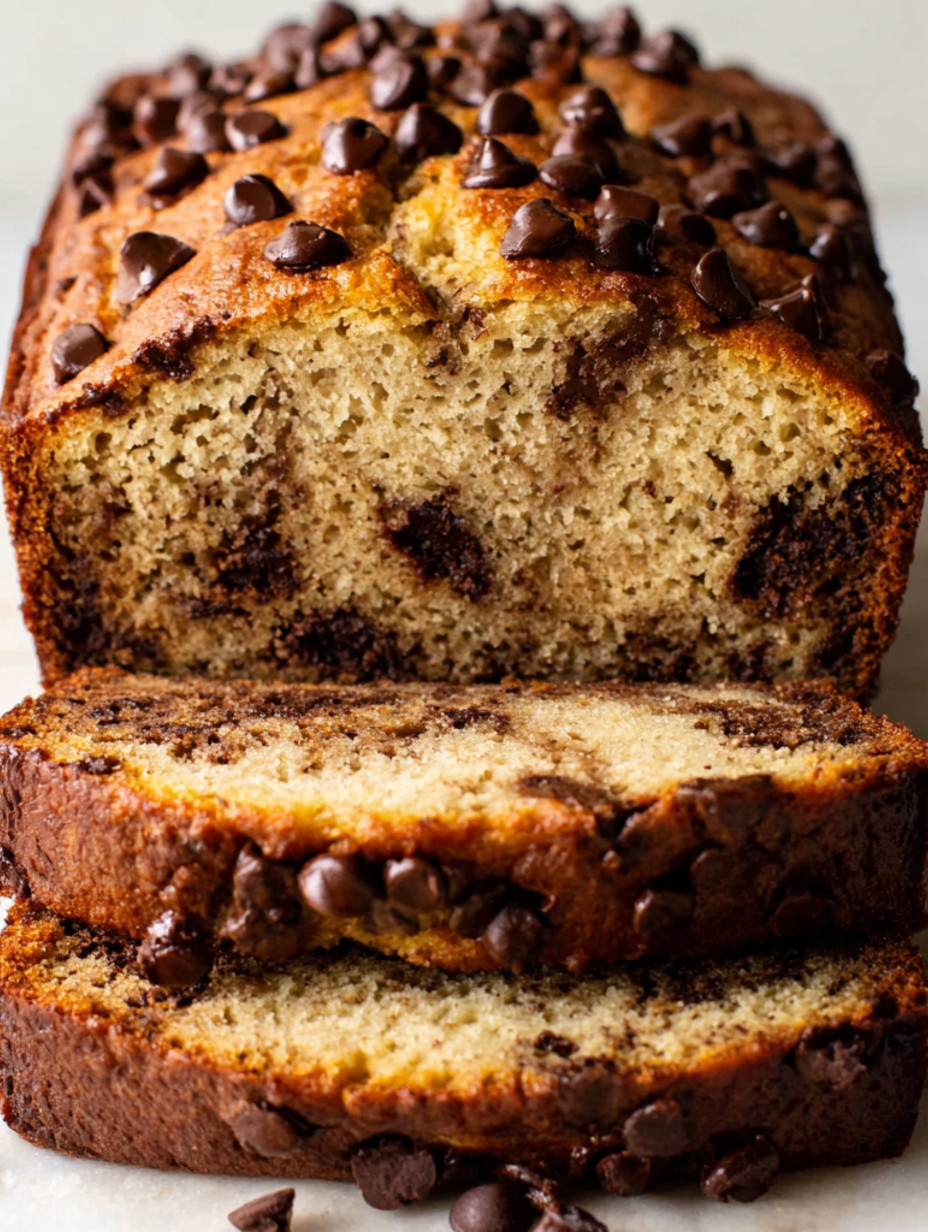 A slice of chocolate chip banana bread.