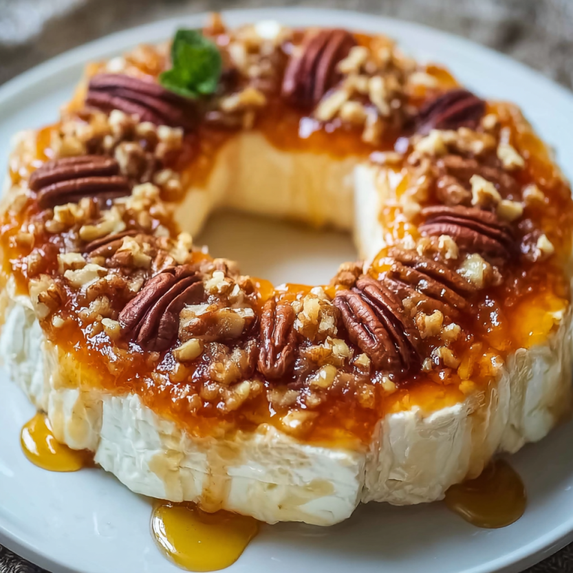 A slice of a No Bake Peach Pecan Cheesecake Ring.