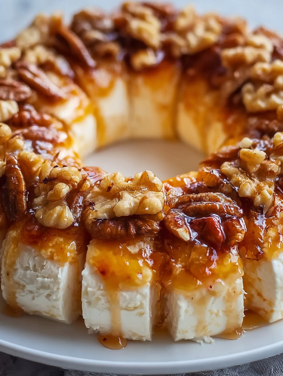 A slice of a no bake peach pecan cheesecake ring.