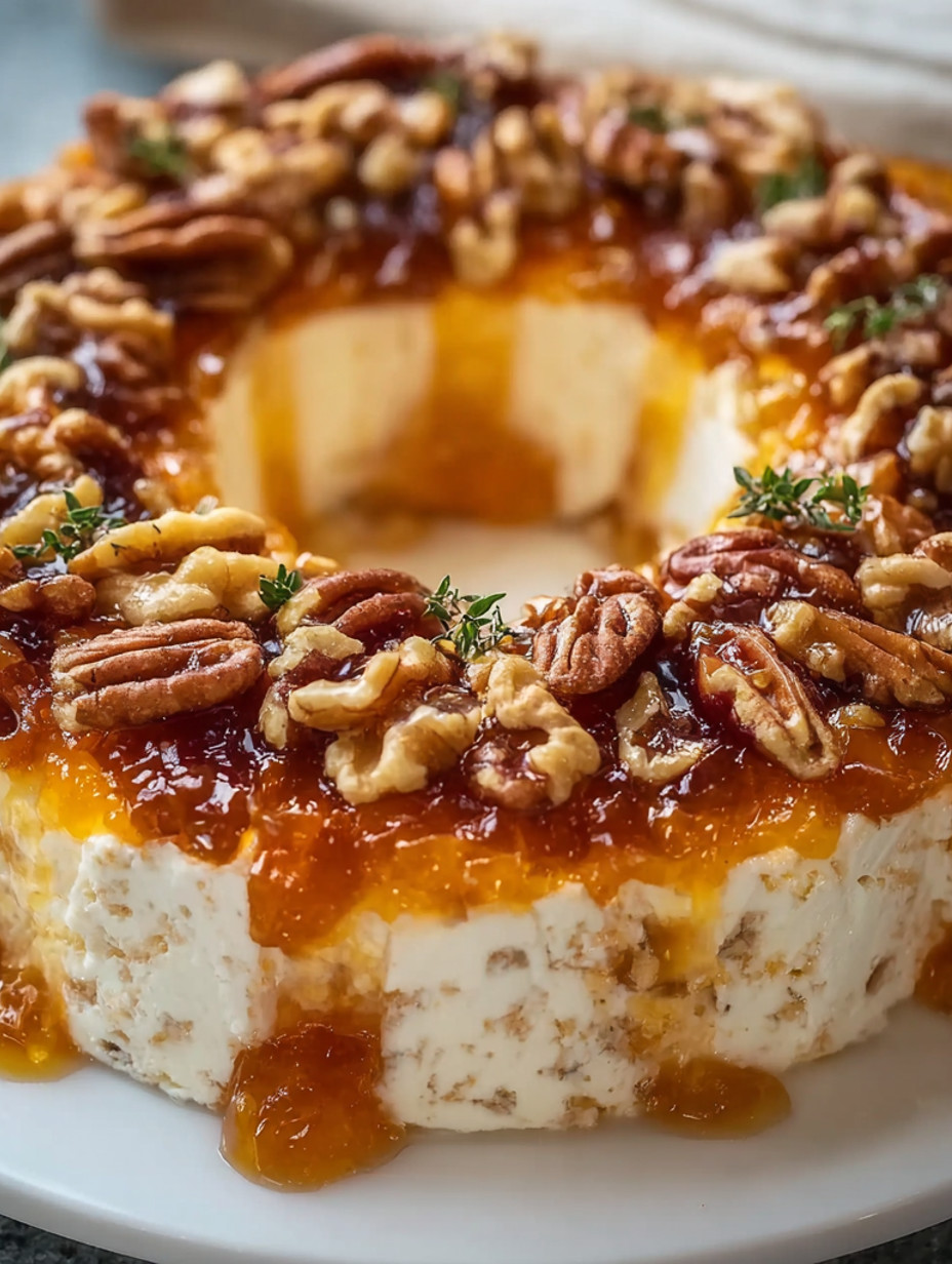 A slice of a No Bake Peach Pecan Cheesecake Ring.