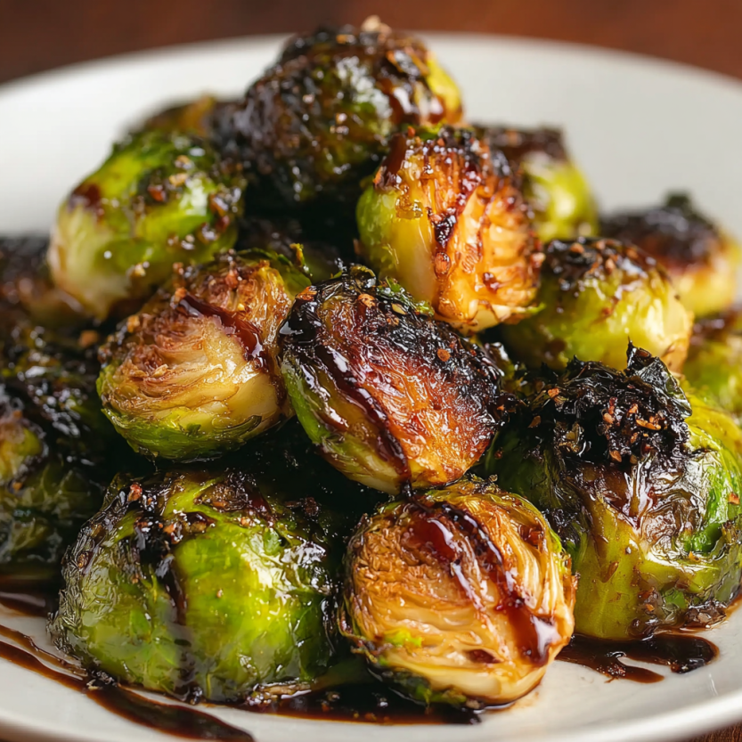 A plate of honey balsamic brussels sprouts.