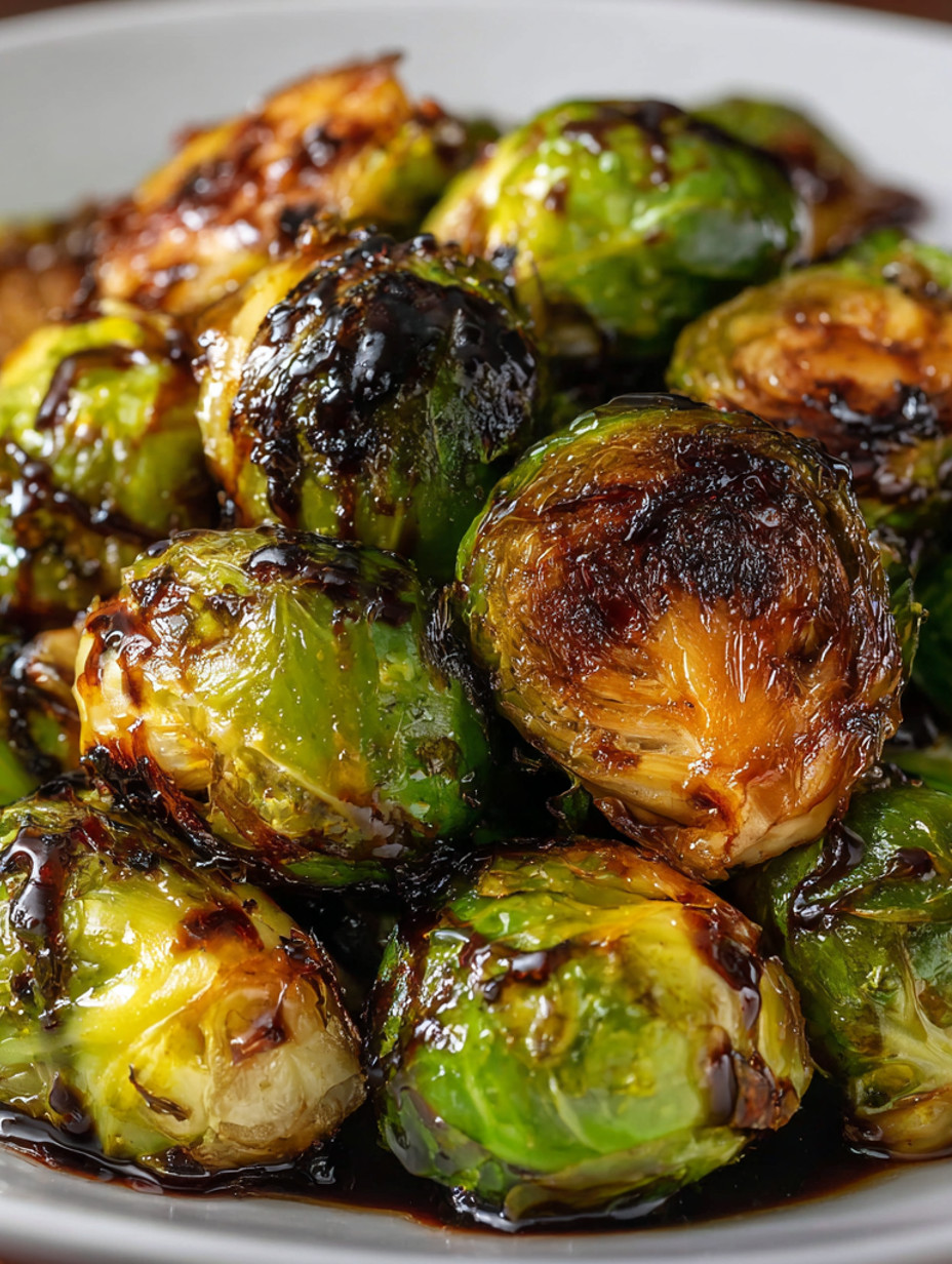 A close up of cooked Brussels sprouts in a honey balsamic glaze.