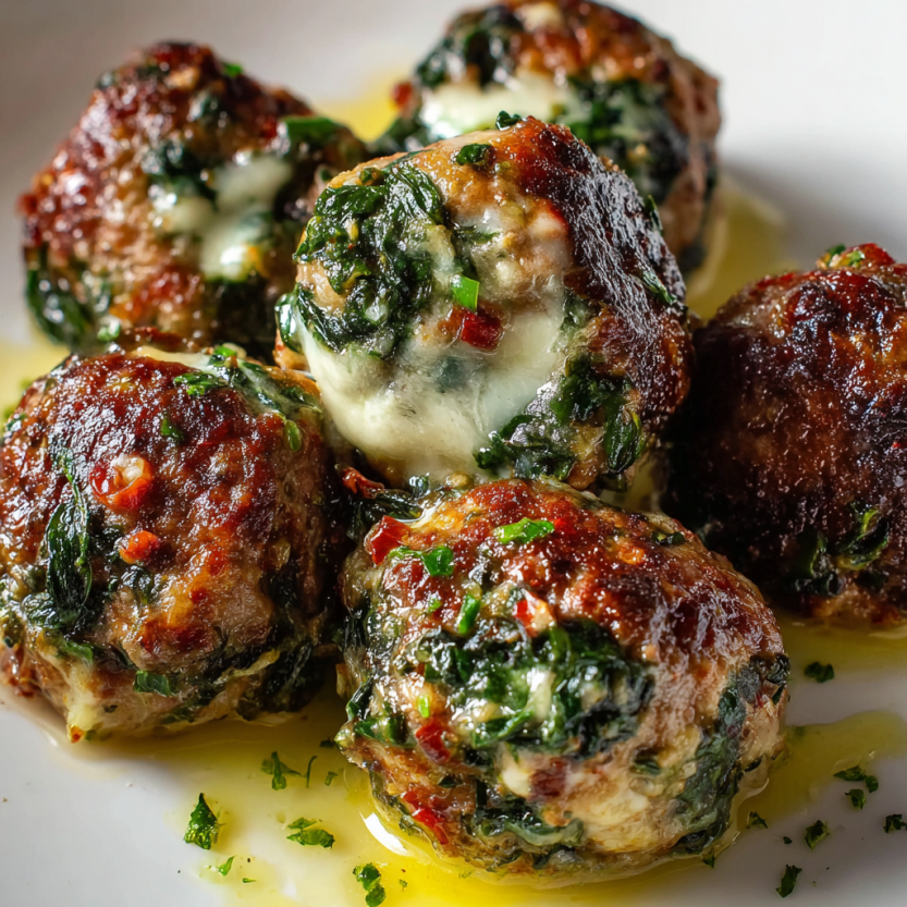 Mozzarella-stuffed spinach garlic meatballs.