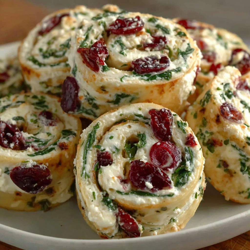 A plate of cranberry feta pinwheels with cream cheese.