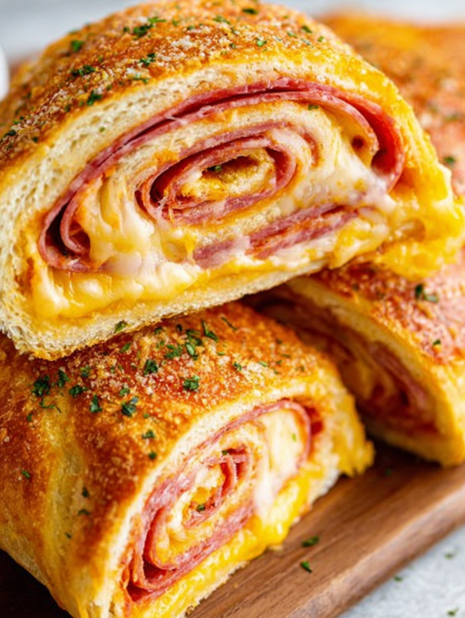 A close up of a stromboli sandwich.