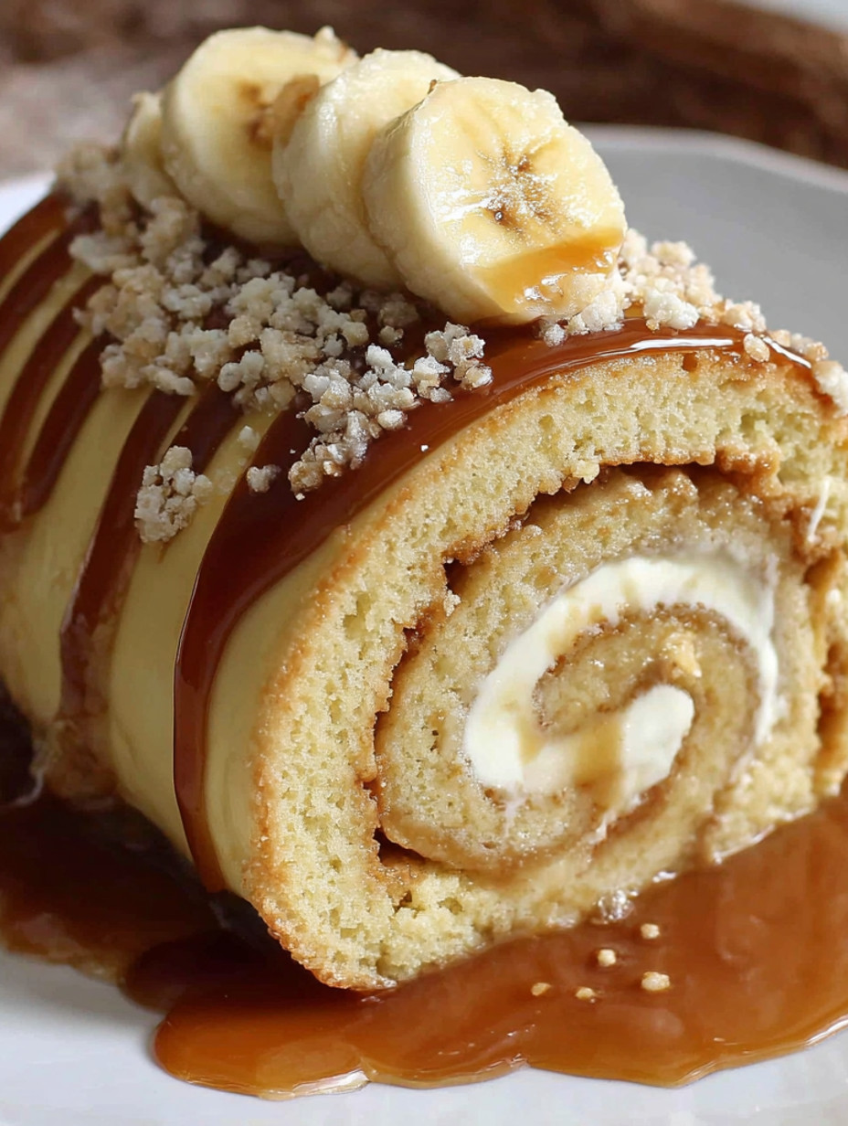 A banana caramel roll cake with bananas on top.