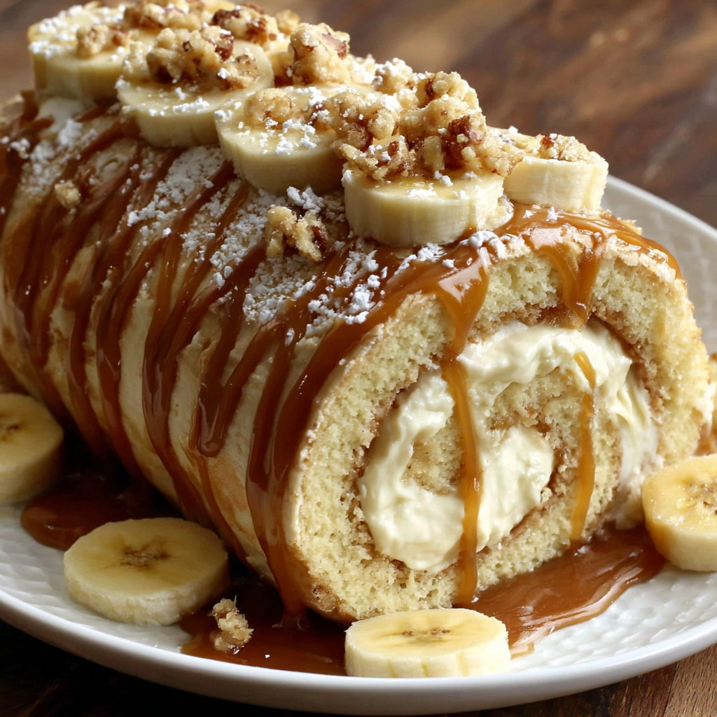 A caramel roll cake with bananas on top.