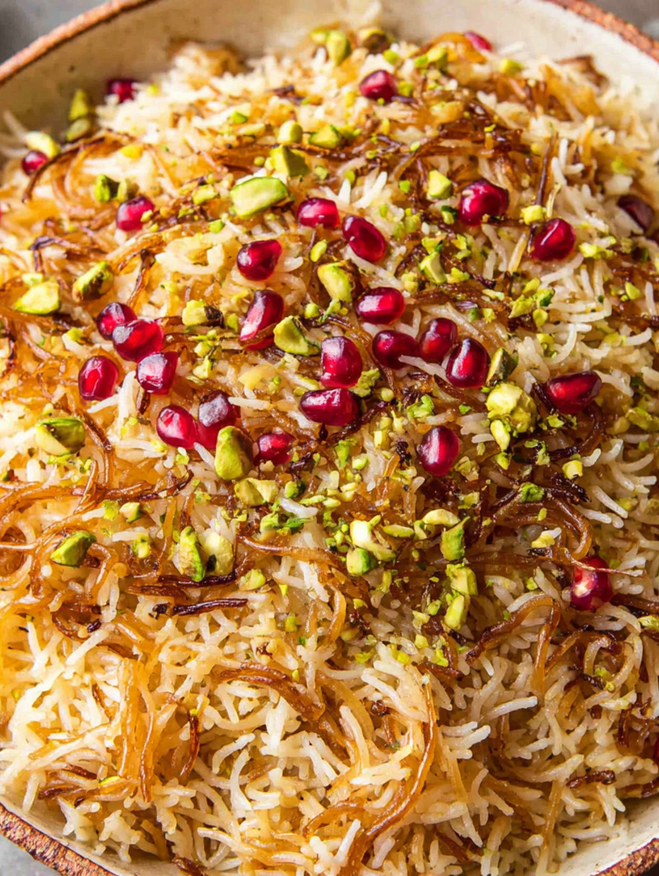 A close up of rice with vermicelli noodles.