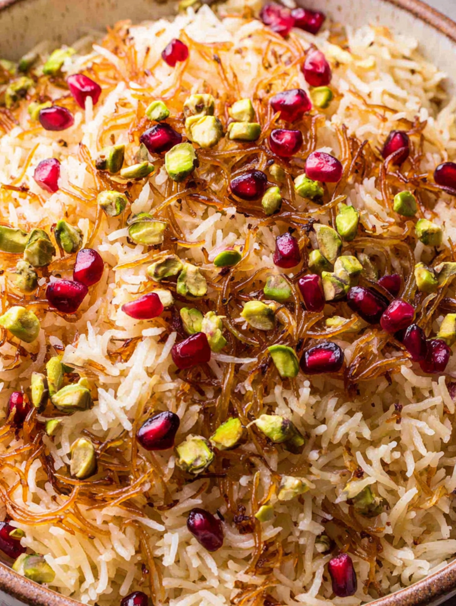 A dish of rice with vermicelli noodles and pine nuts.