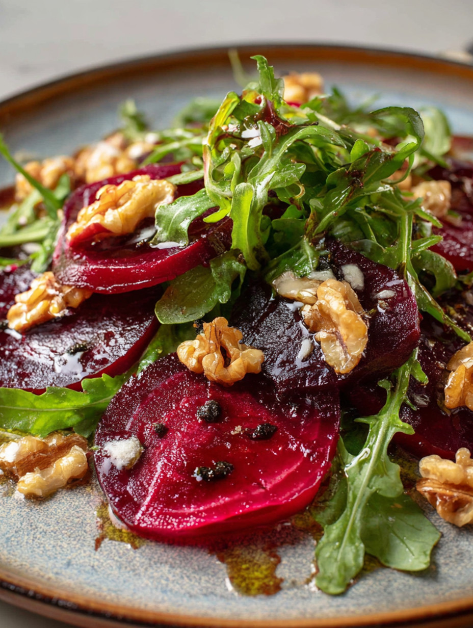 A plate of beetroot carpaccio with walnuts and greens.