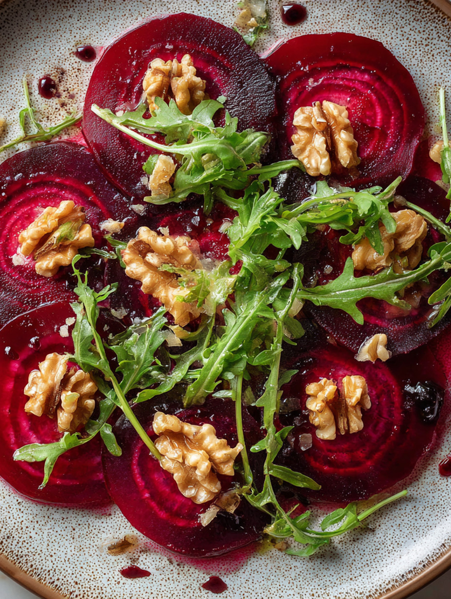A plate of beetroot carpaccio with walnuts and greens.