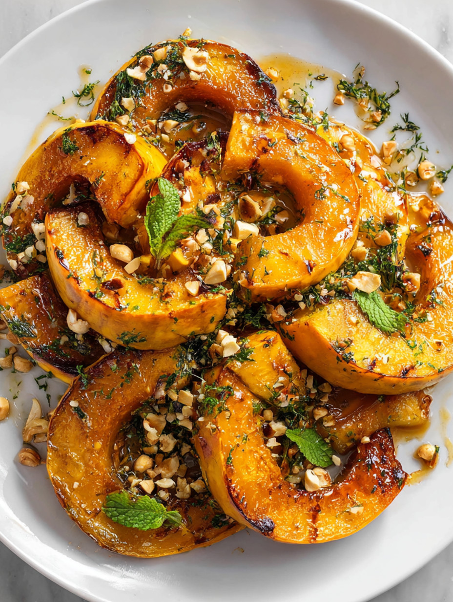 Maple roasted pumpkin with hazelnuts and mint.