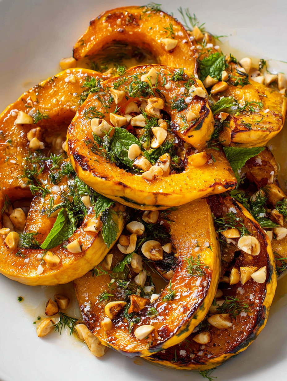 Maple roasted pumpkin with hazelnuts and mint.