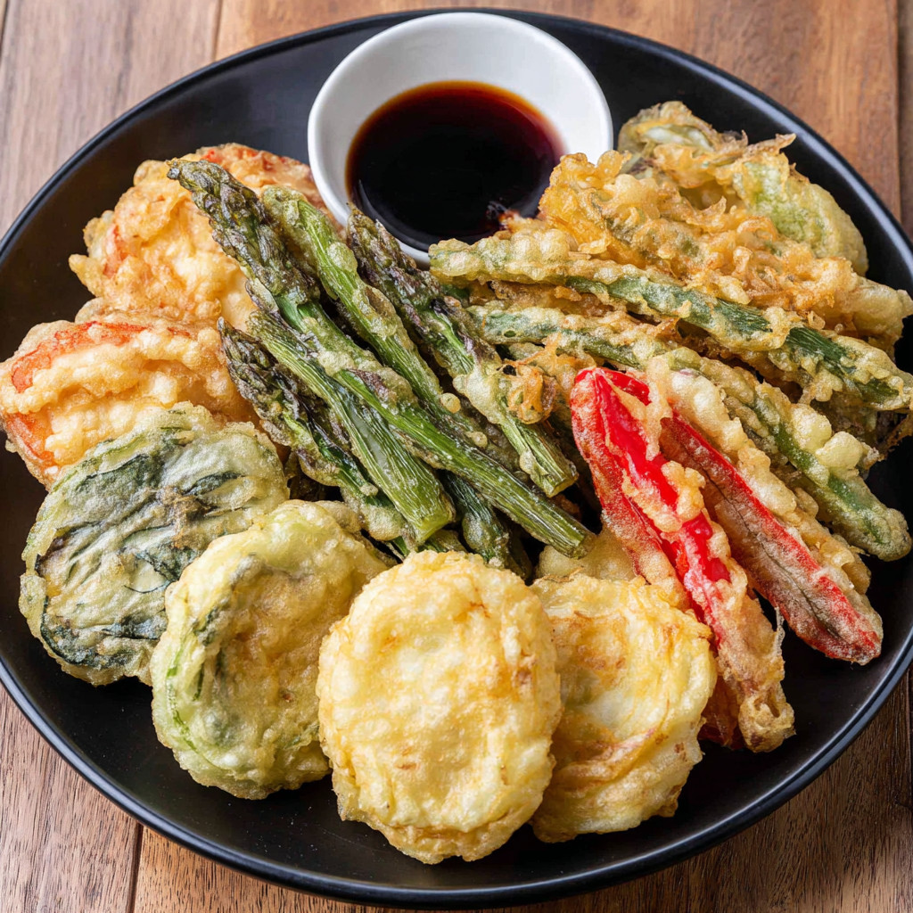 A plate of mixed vegetable tempura.