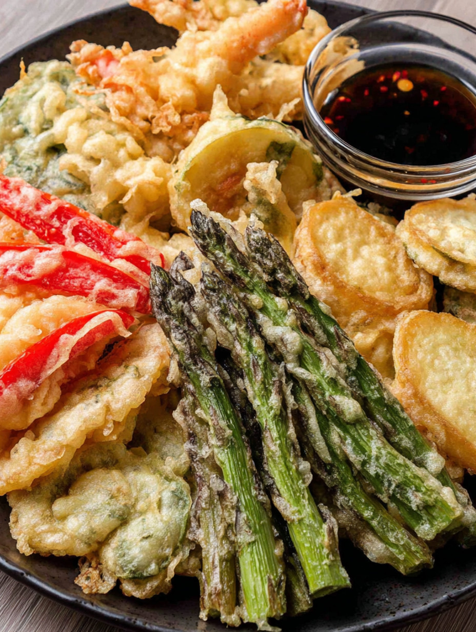 A plate of mixed vegetable tempura.