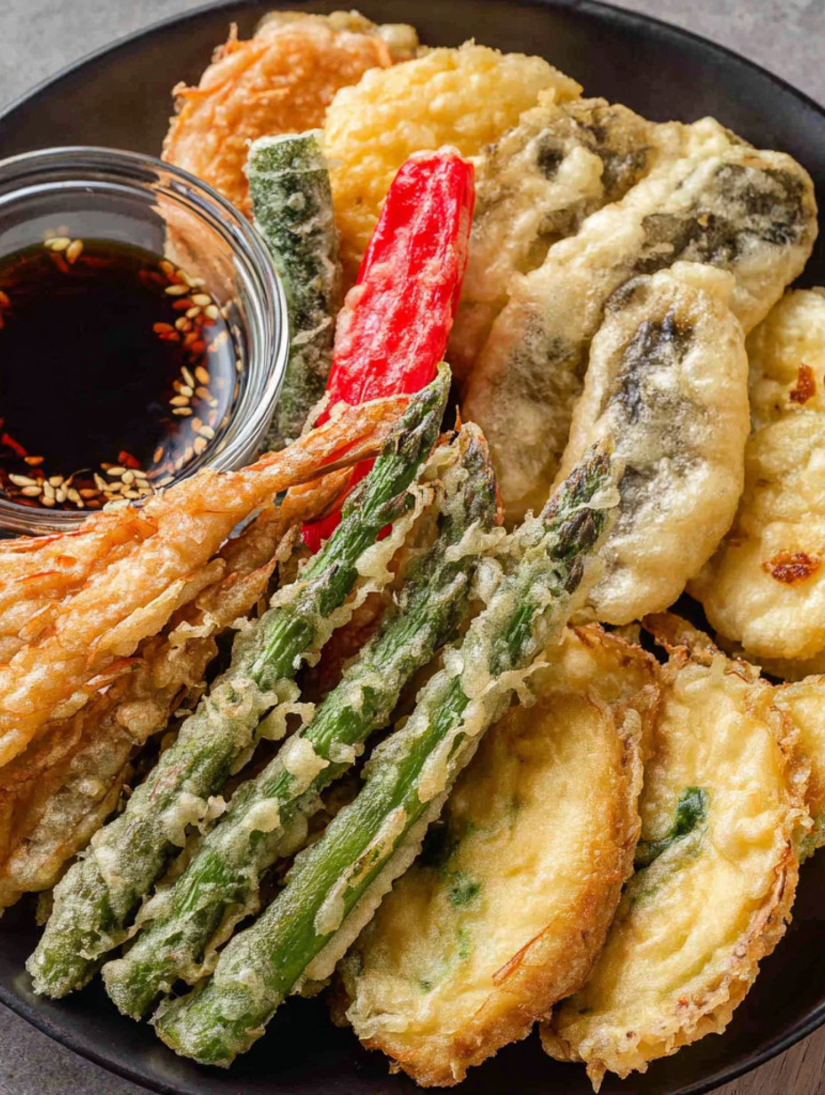 A plate of mixed vegetable tempura.