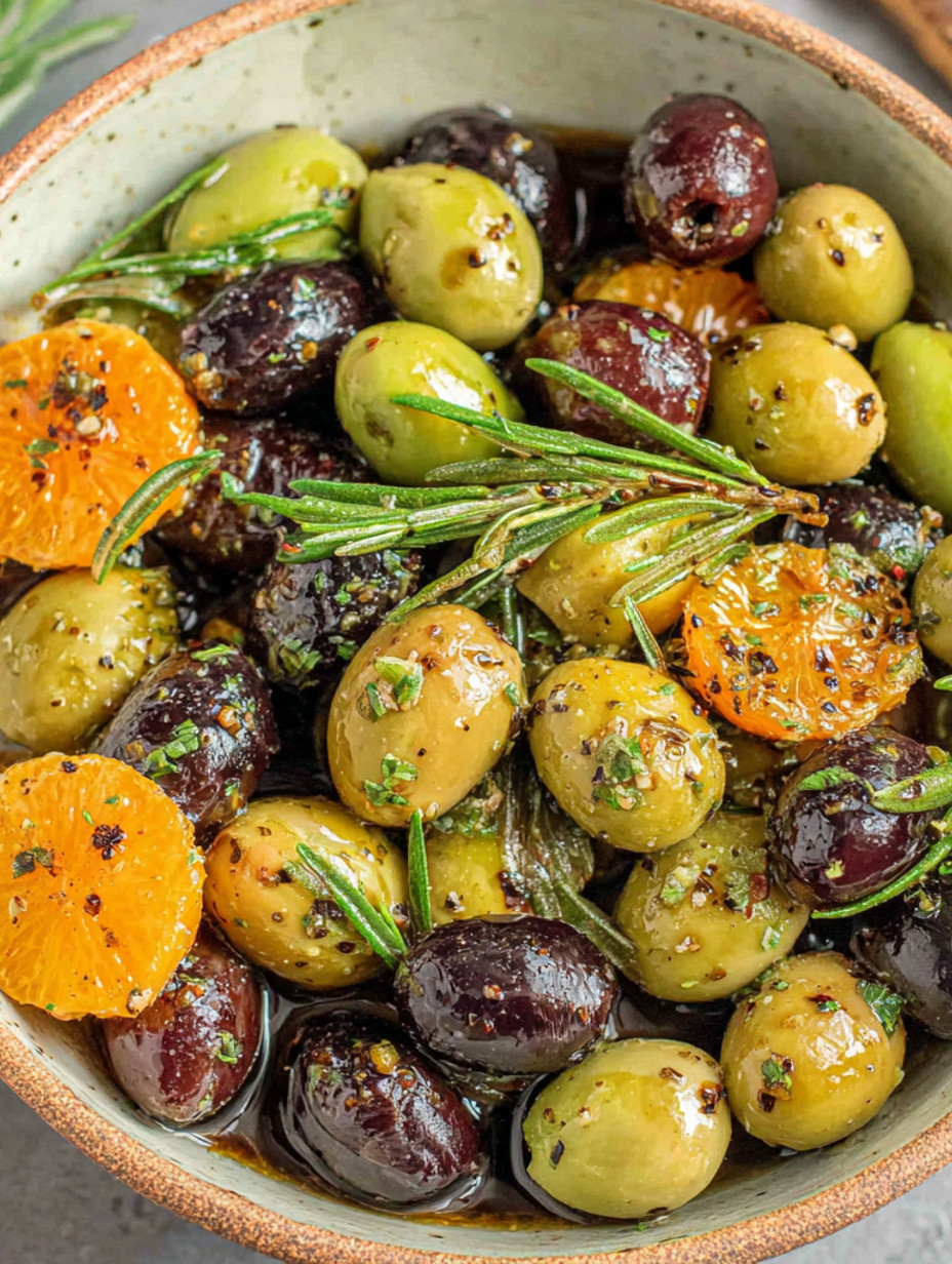 A bowl of marinated olives with herbs and spices.