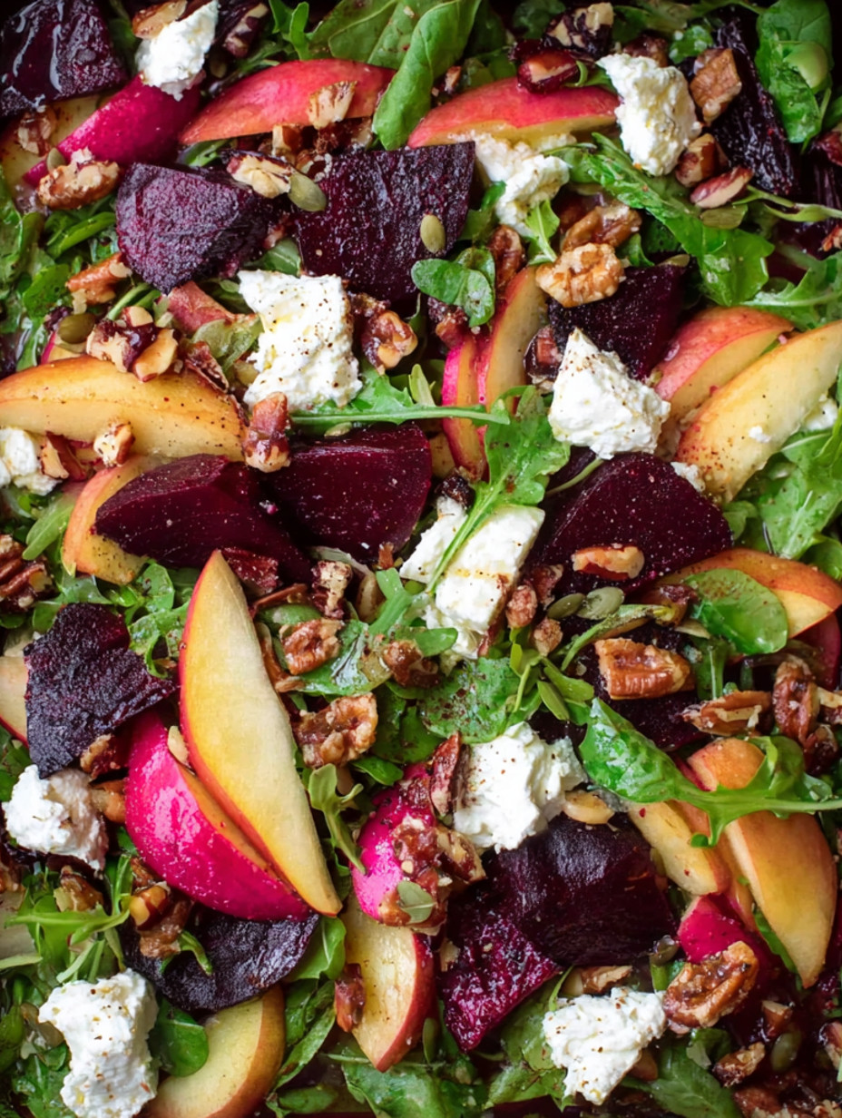 A salad with beetroot, spinach, and walnuts.