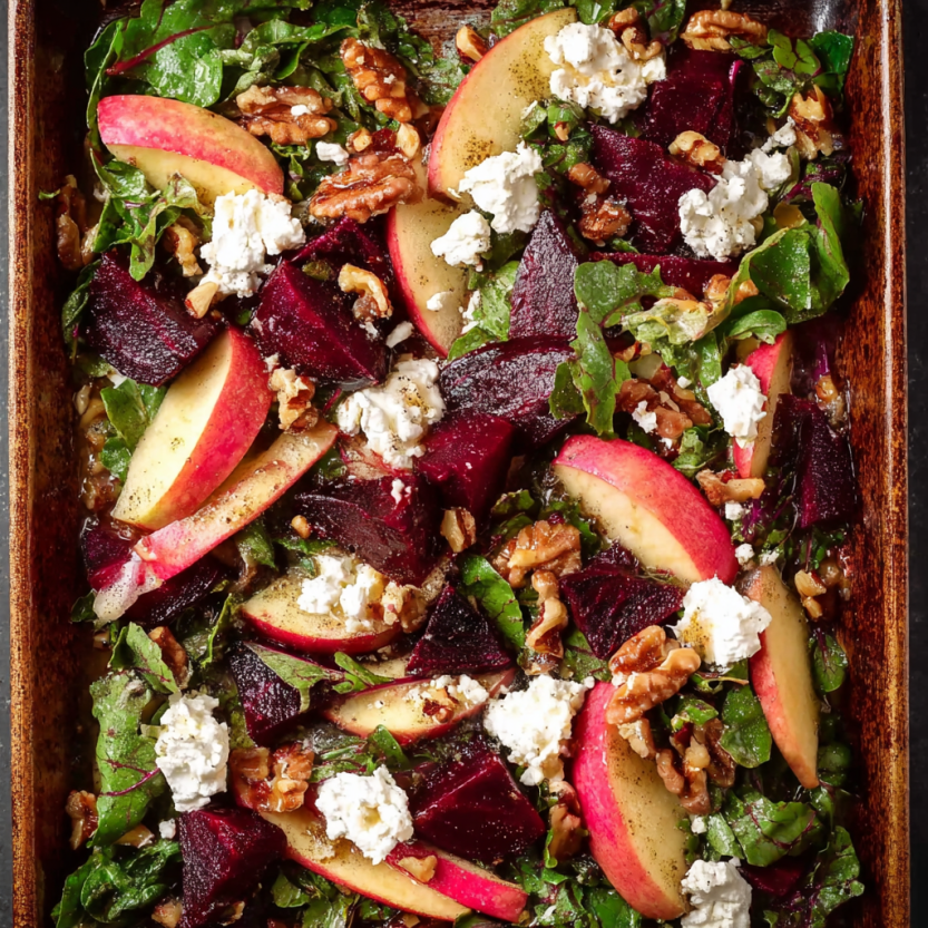 A dish of beetroot salad with vegan feta.