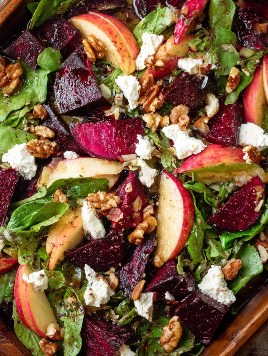 A close up of a salad with beets, spinach, and feta cheese.