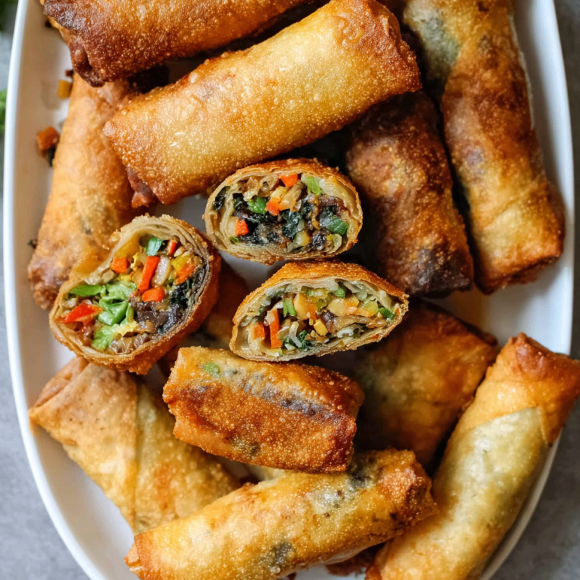 A plate of crispy vegan spring rolls.